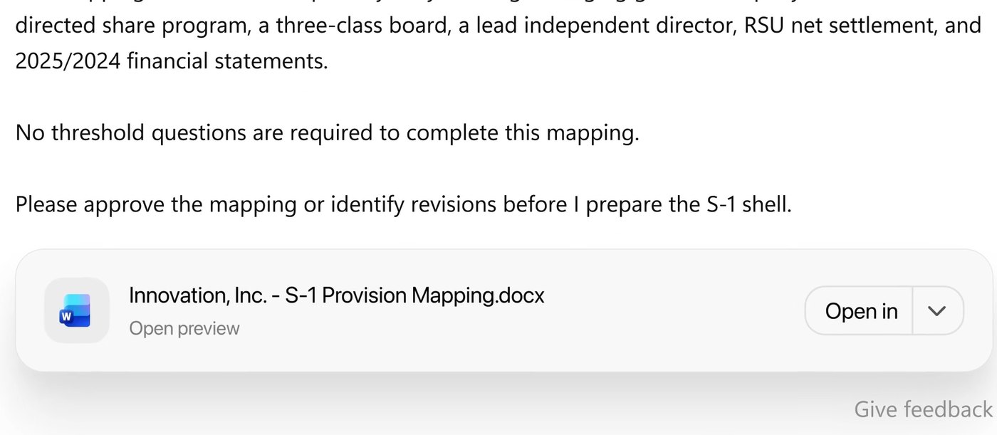 Astra reply asking the user to approve the mapping or identify revisions before it prepares the S-1 shell, with a Word document attachment named S-1 Provision Mapping