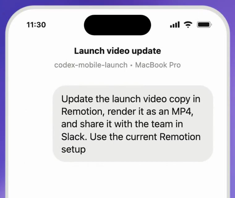 Codex thread on a phone titled Launch video update, running on a MacBook Pro, with the request to update the launch video copy in Remotion, render an MP4 and share it in Slack