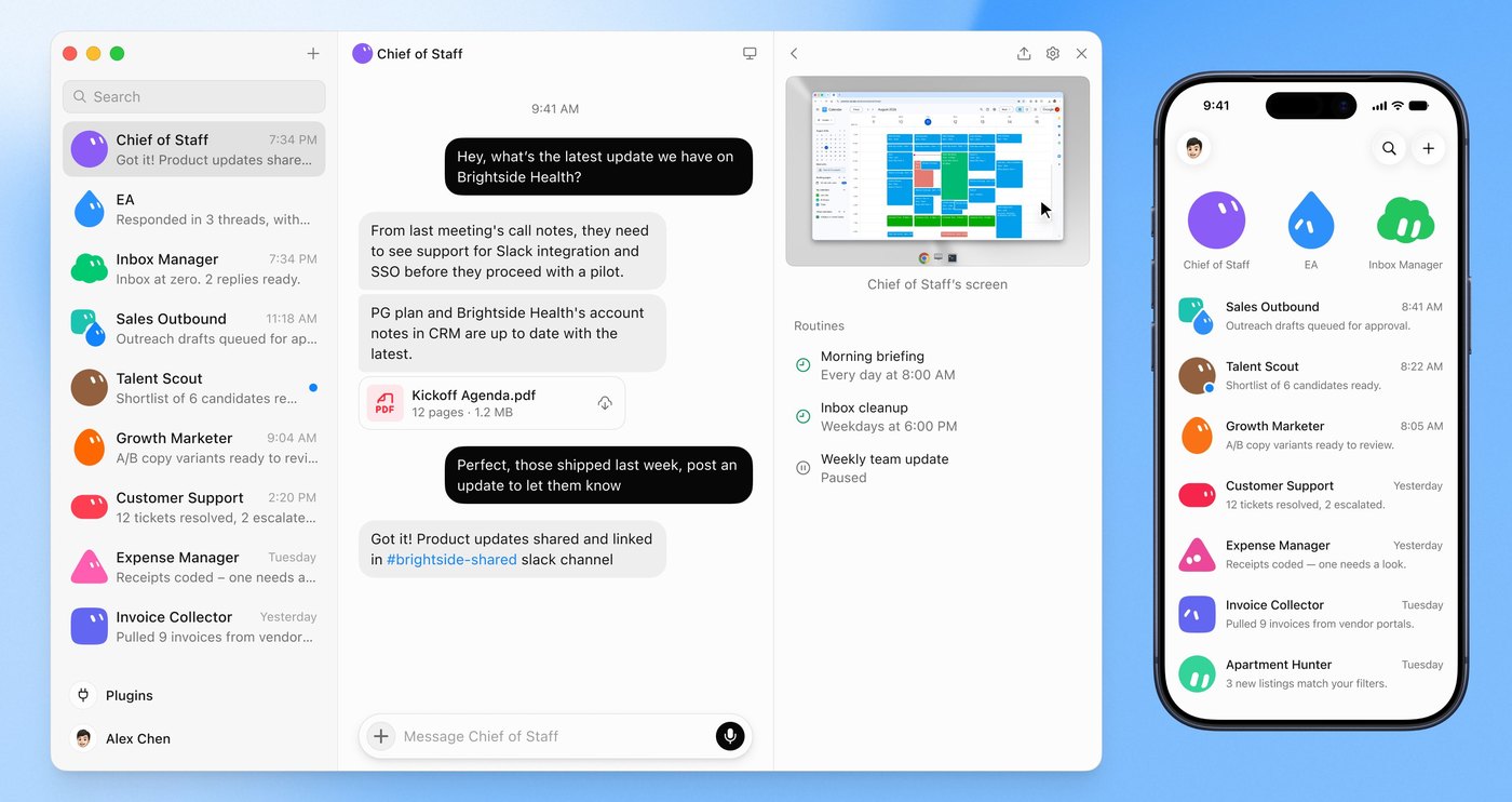Grok Bot desktop app and phone app showing one account's roster of bots, including Chief of Staff, EA, Inbox Manager, Sales Outbound, Talent Scout, Growth Marketer, Customer Support, Expense Manager and Invoice Collector