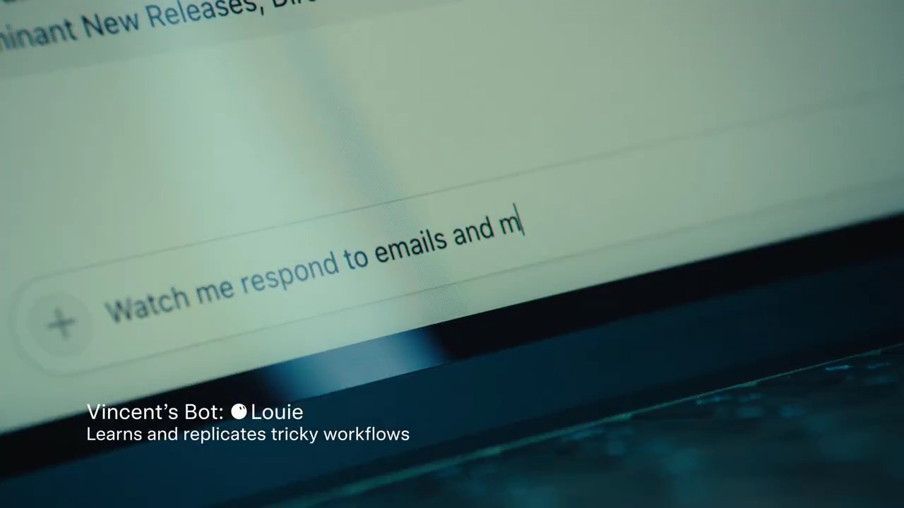 Close-up of the Grok Bot message box with the text Watch me respond to emails being typed, captioned Vincent's Bot, Louie, learns and replicates tricky workflows