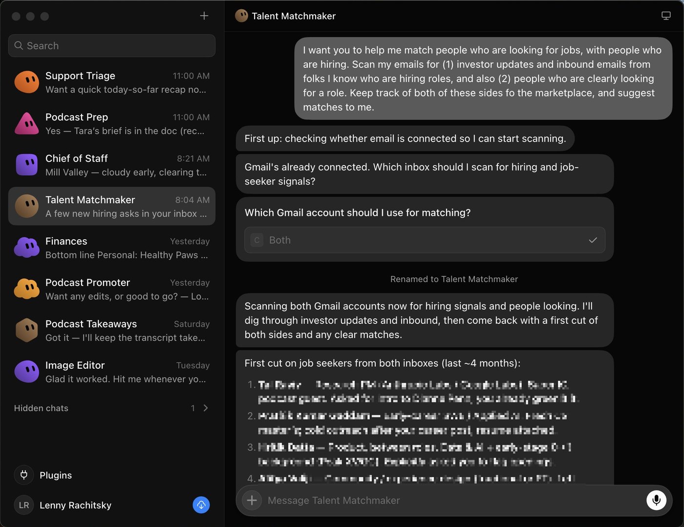 Lenny Rachitsky's Grok Bot app with a sidebar of bots including Support Triage, Podcast Prep, Chief of Staff and Finances, and a Talent Matchmaker chat scanning two Gmail inboxes for hiring signals and job seekers