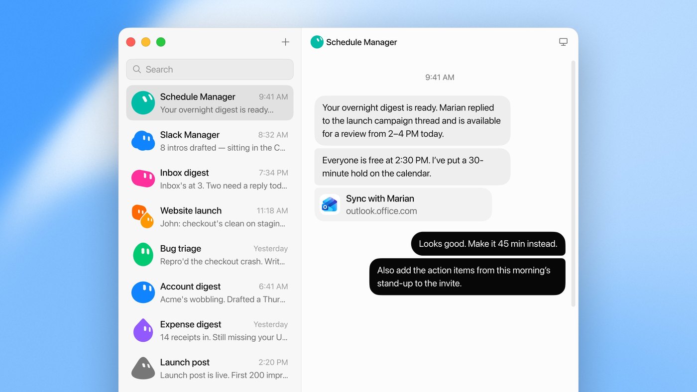 Grok Bot Schedule Manager chat reporting an overnight digest, a free slot on the calendar and a Sync with Marian invite on outlook.office.com, with Slack manager, inbox digest and expense digest bots in the sidebar