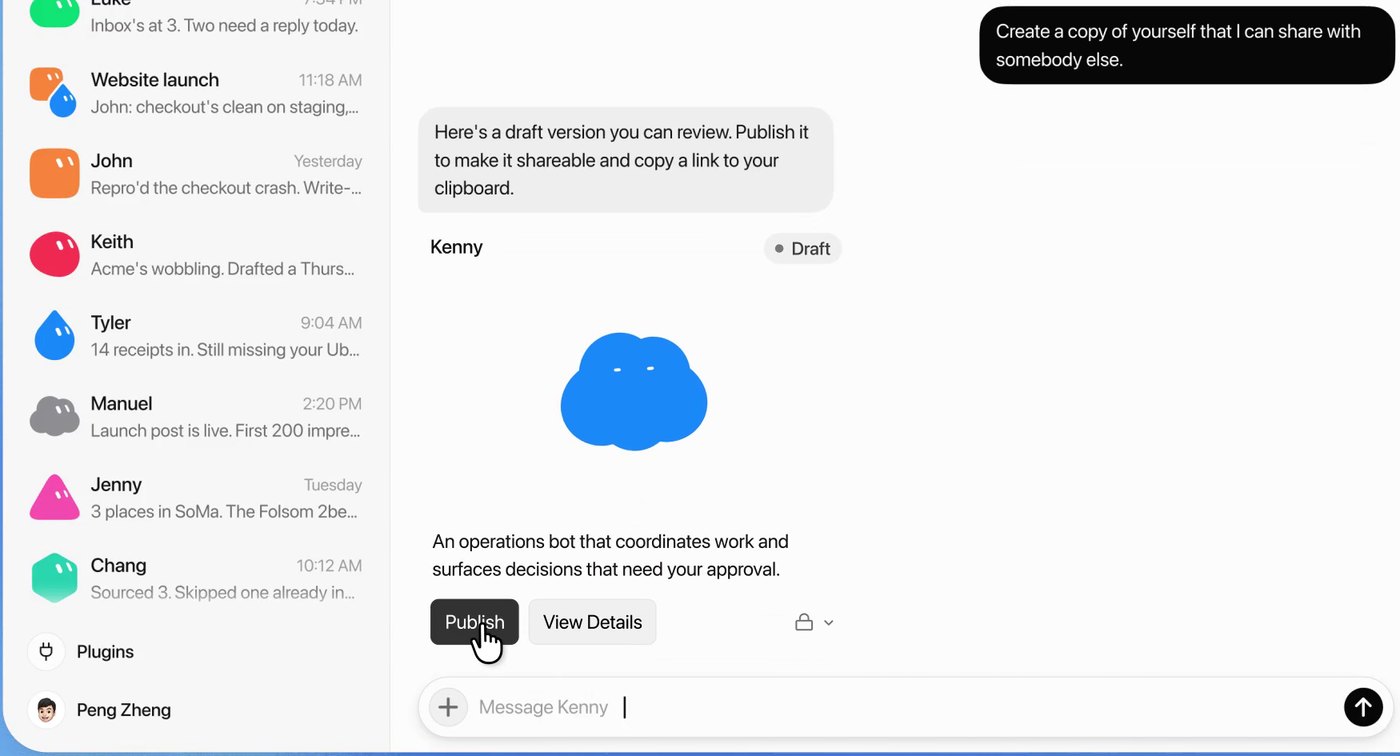Grok Bot chat where the user asks a bot to create a copy of itself to share, and the bot returns a draft template card for an operations bot that coordinates work and surfaces decisions that need approval, with Publish and View Details buttons