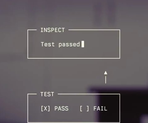 Schematic overlay: Inspect box reading Test passed above a test box with pass checked