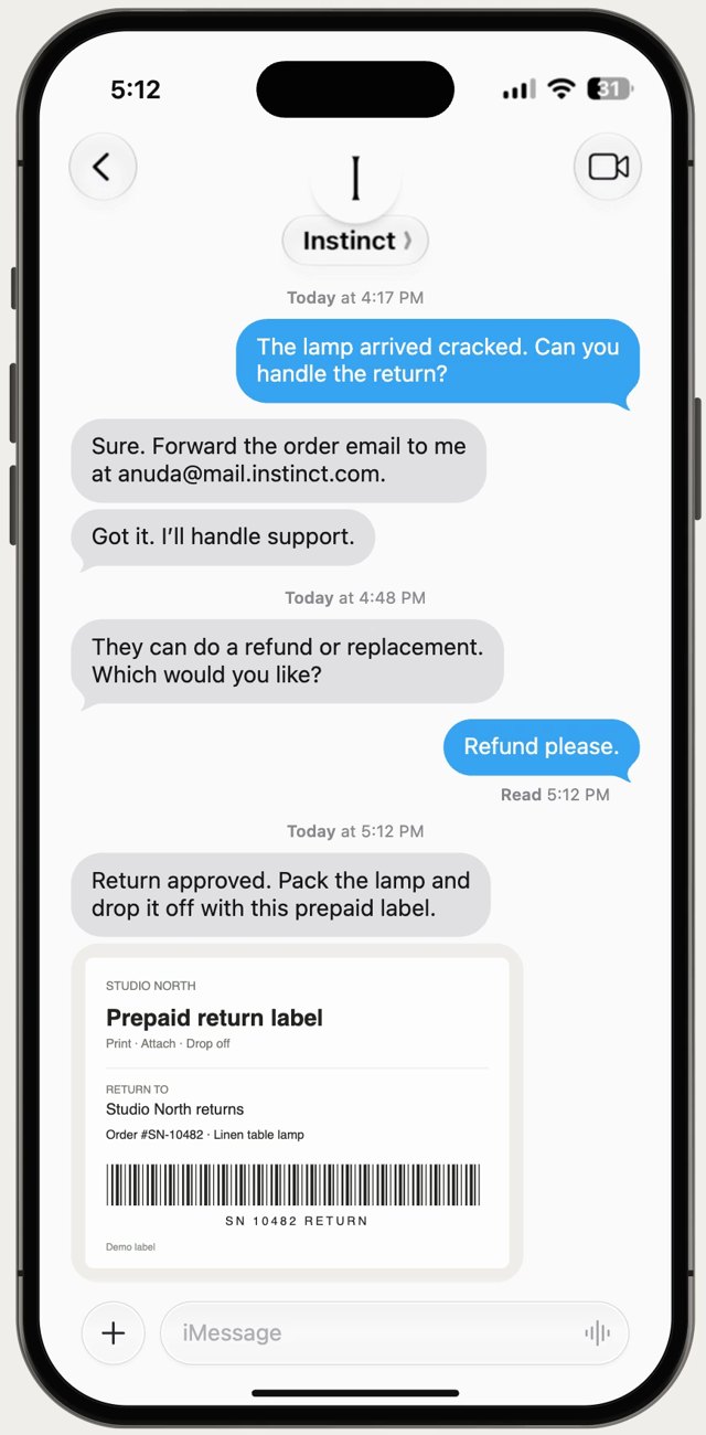Instinct thread handling a cracked lamp return and replying with a prepaid return label