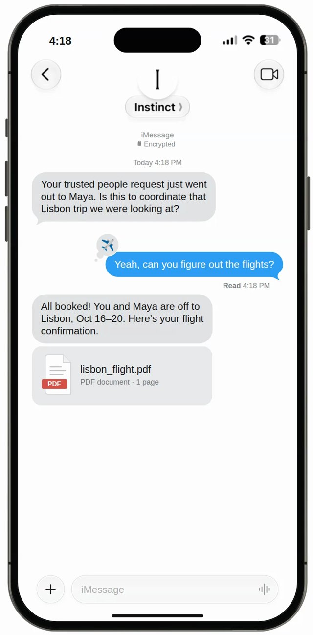 Instinct thread confirming Lisbon flights booked after coordinating with another person’s Instinct