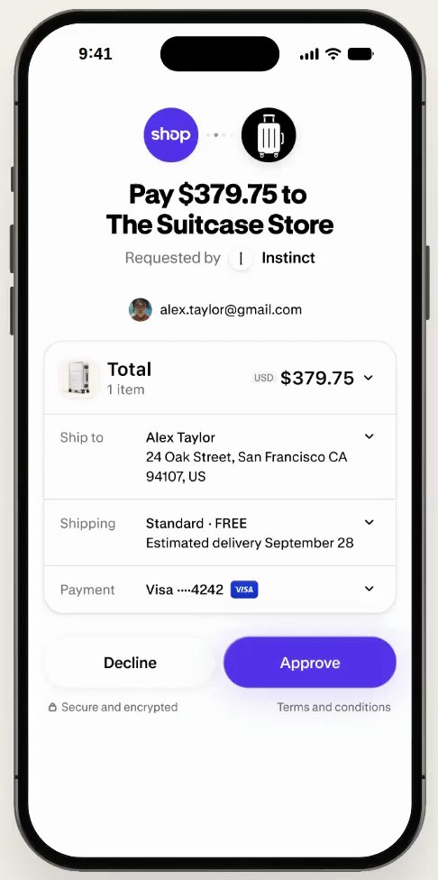 Shop Pay approval sheet for 379.75 dollars requested by Instinct