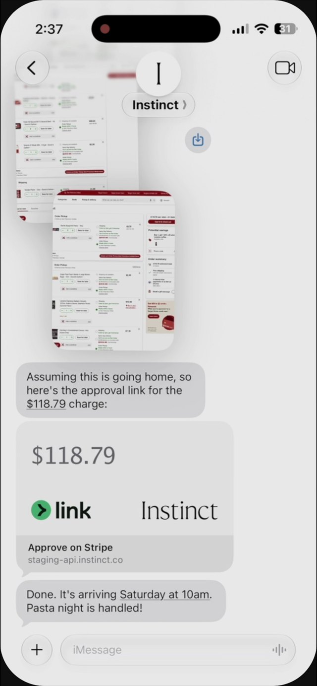 Instinct in iMessage sending a 118.79 dollar Stripe Link approval card for a grocery order