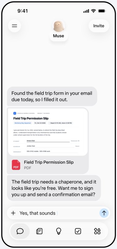Muse chat showing a field trip permission slip it found in email and filled out, offering to sign the user up as a chaperone