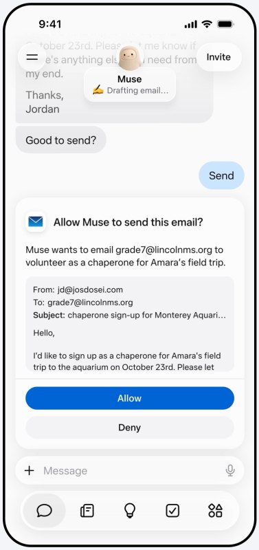 Muse asking Allow Muse to send this email, with the draft chaperone email and Allow and Deny buttons