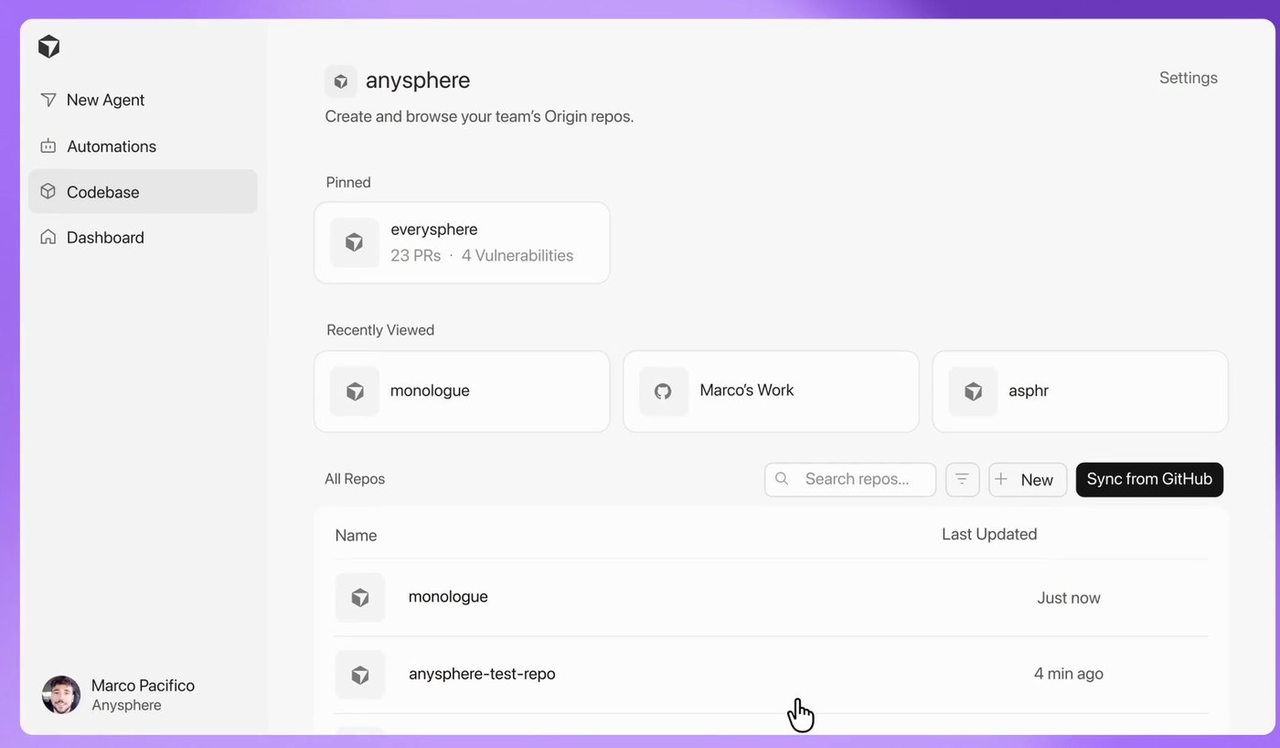 Cursor Origin codebase page listing a team's repos, with pinned and recently viewed repos and a Sync from GitHub button above the repo list